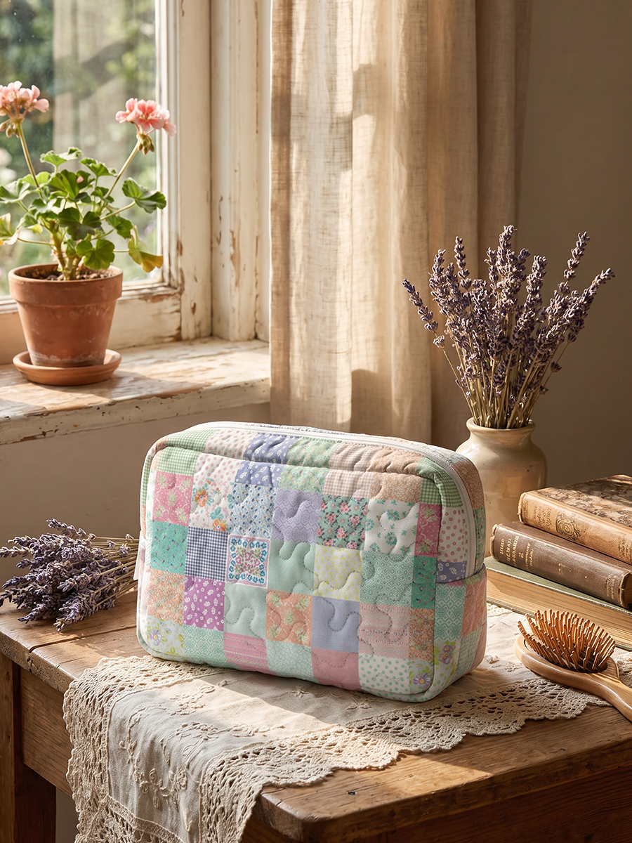 Vintage Quilt Patchwork Print Cloud Quilted Cosmetic Pouch