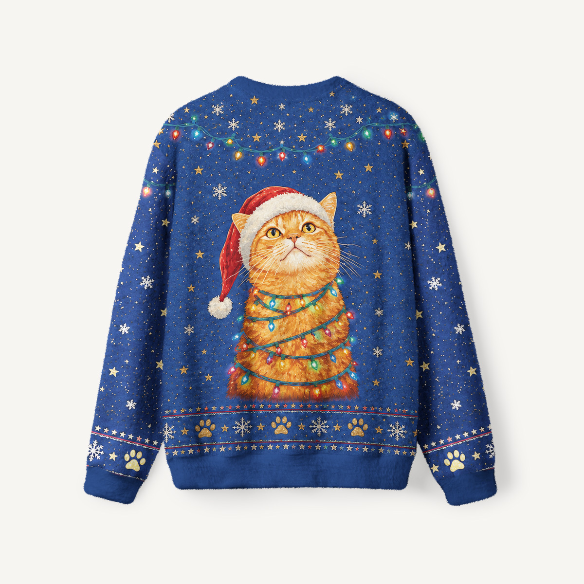Cozy Christmas Cat Lights Fuzzy Crewneck Sweater