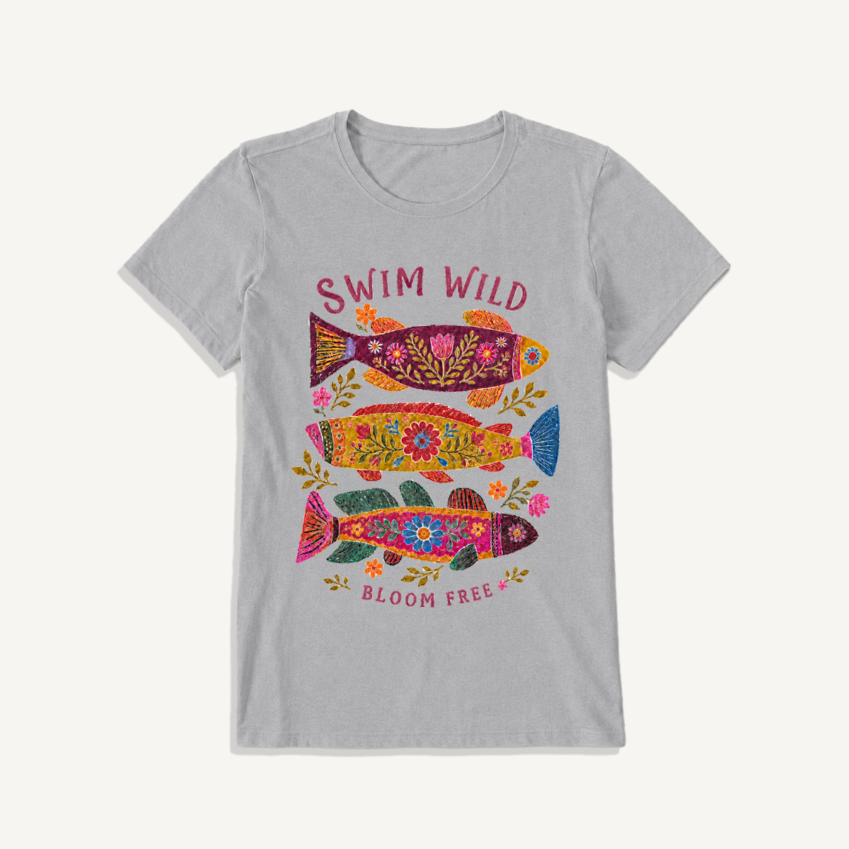 Folk Floral Fish Print Crew Neck Cotton Tee
