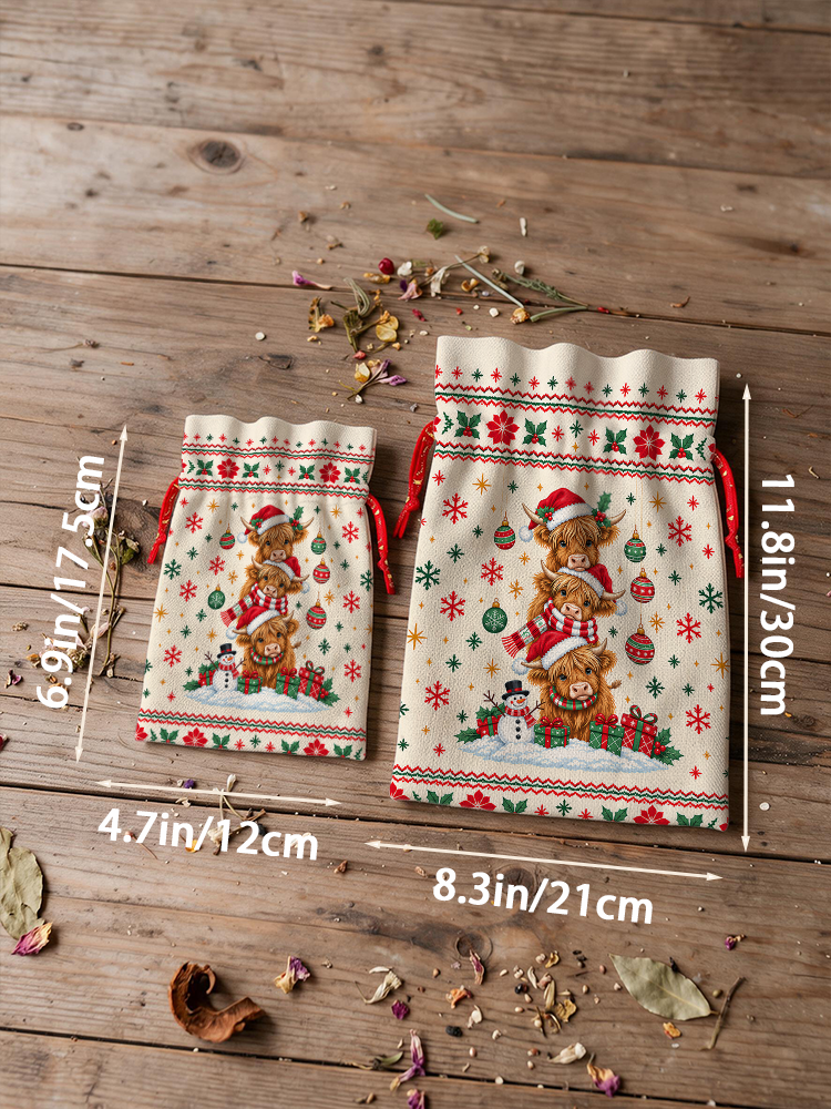Stacked Highland Cow Christmas Reusable Drawstring Gift Bag