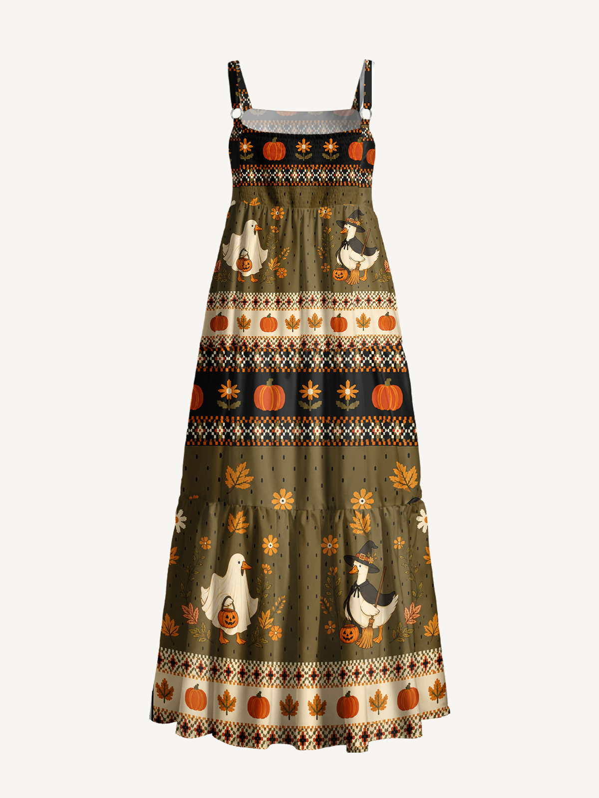 Witchy Goose Halloween Print Wide Straps Maxi Dress With Pockets