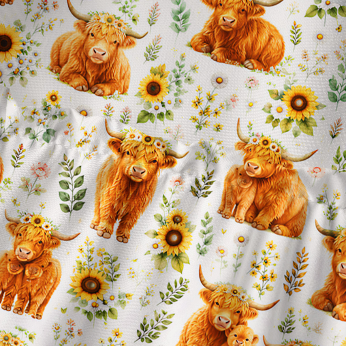 Spring Highland Cow Floral Square Neckline Cap Sleeve Maxi Dress