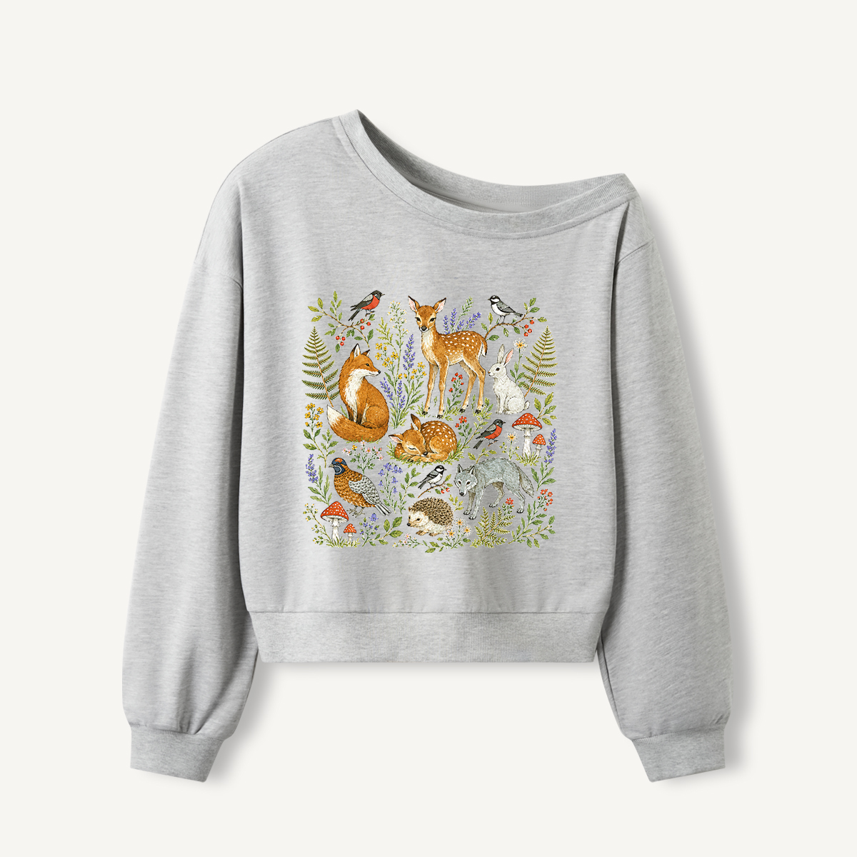 Woodland Garden Friends Print Off Shoulder Sweatshirts 