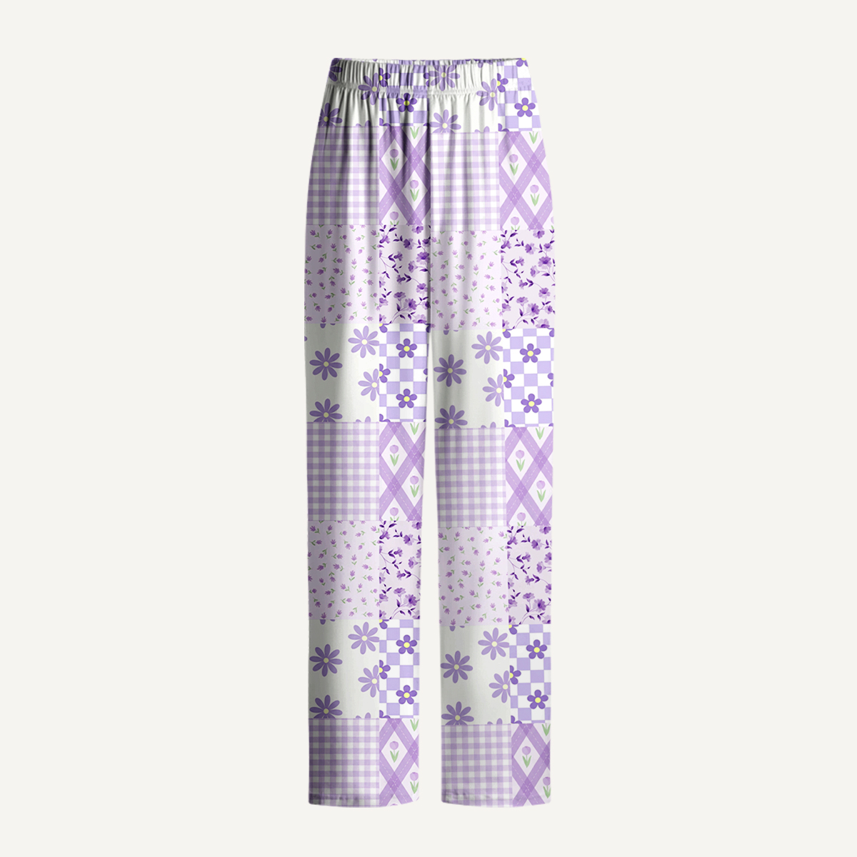Lavender Daisy & Gingham Print Long Pajama Set 