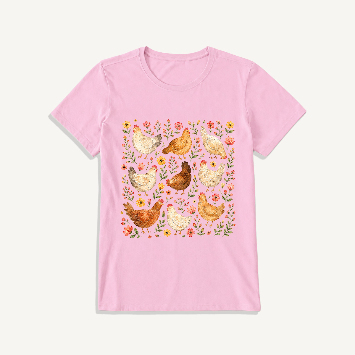 Country Chicken Wildflower Garden Print Crew Neck Cotton Tee