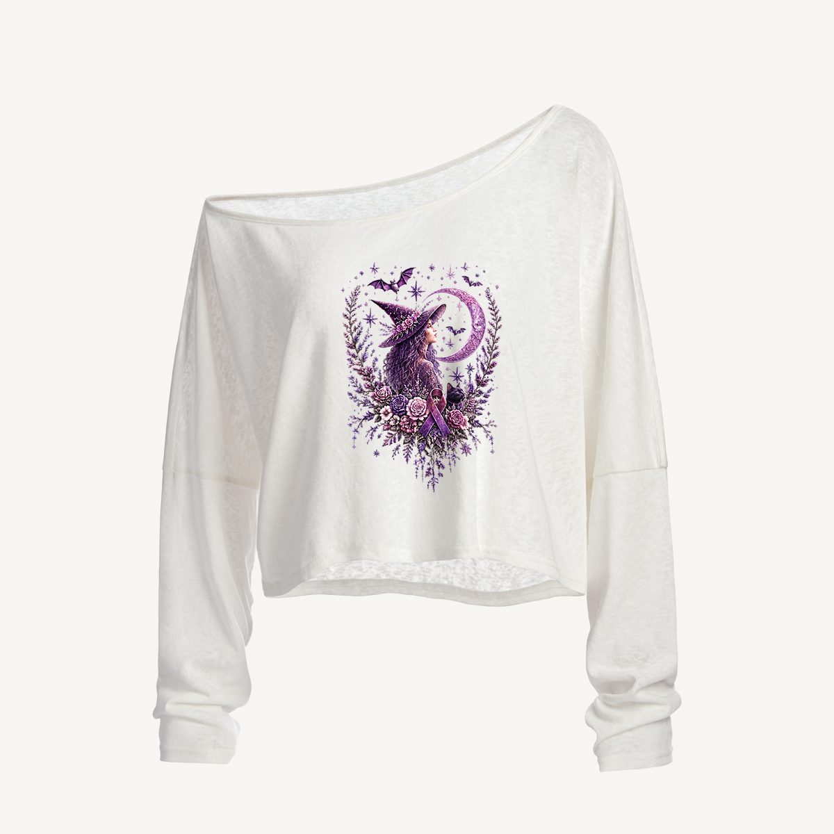 Alzheimer’s Awareness Witch Moon Floral Long Sleeve Off Shoulder T-shirt