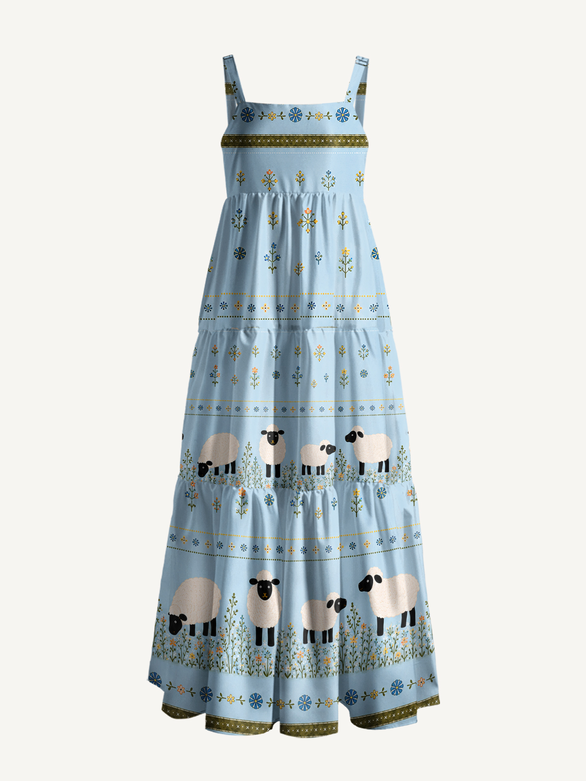 Blue Meadow Sheep Print Wide Straps Maxi Dress With Pockets