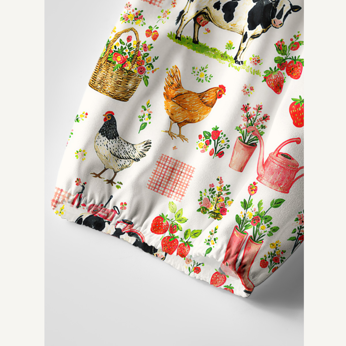 Watercolor Pink Farm Chicken Print Boho Tie‑Neck Smock Mini Dress