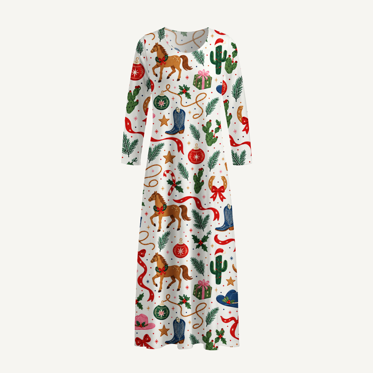 Western Christmas Rodeo Print Soft-Touch Stretch Knit Long Sleeve Maxi Dress with Pockets