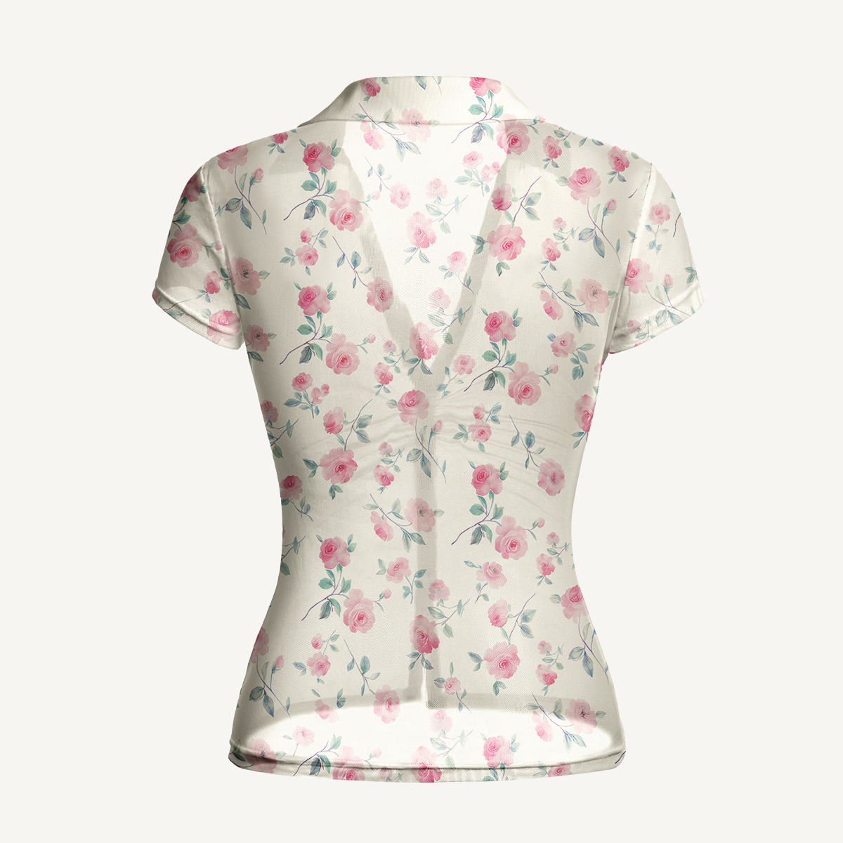 V-Neck Short Sleeve Blush Rose Print Mesh Top