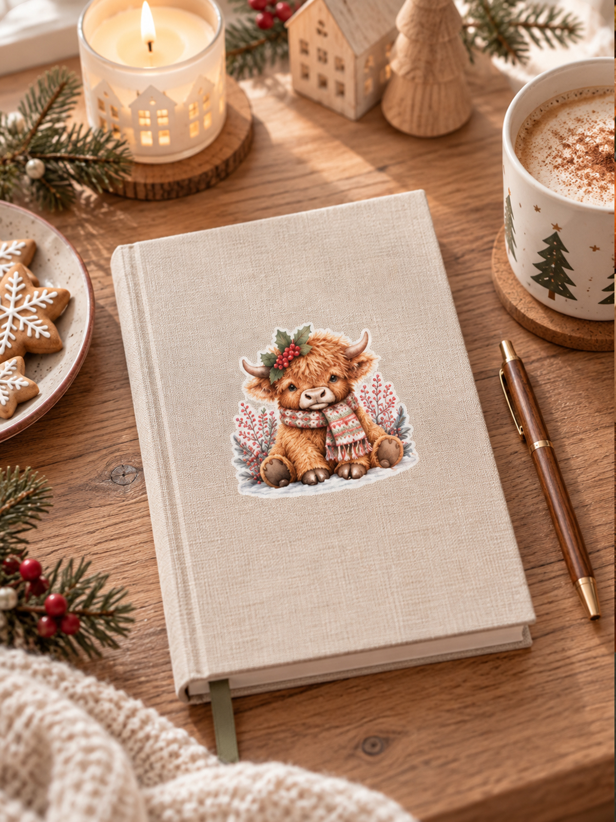 Festive Highland Cow Christmas Stickers