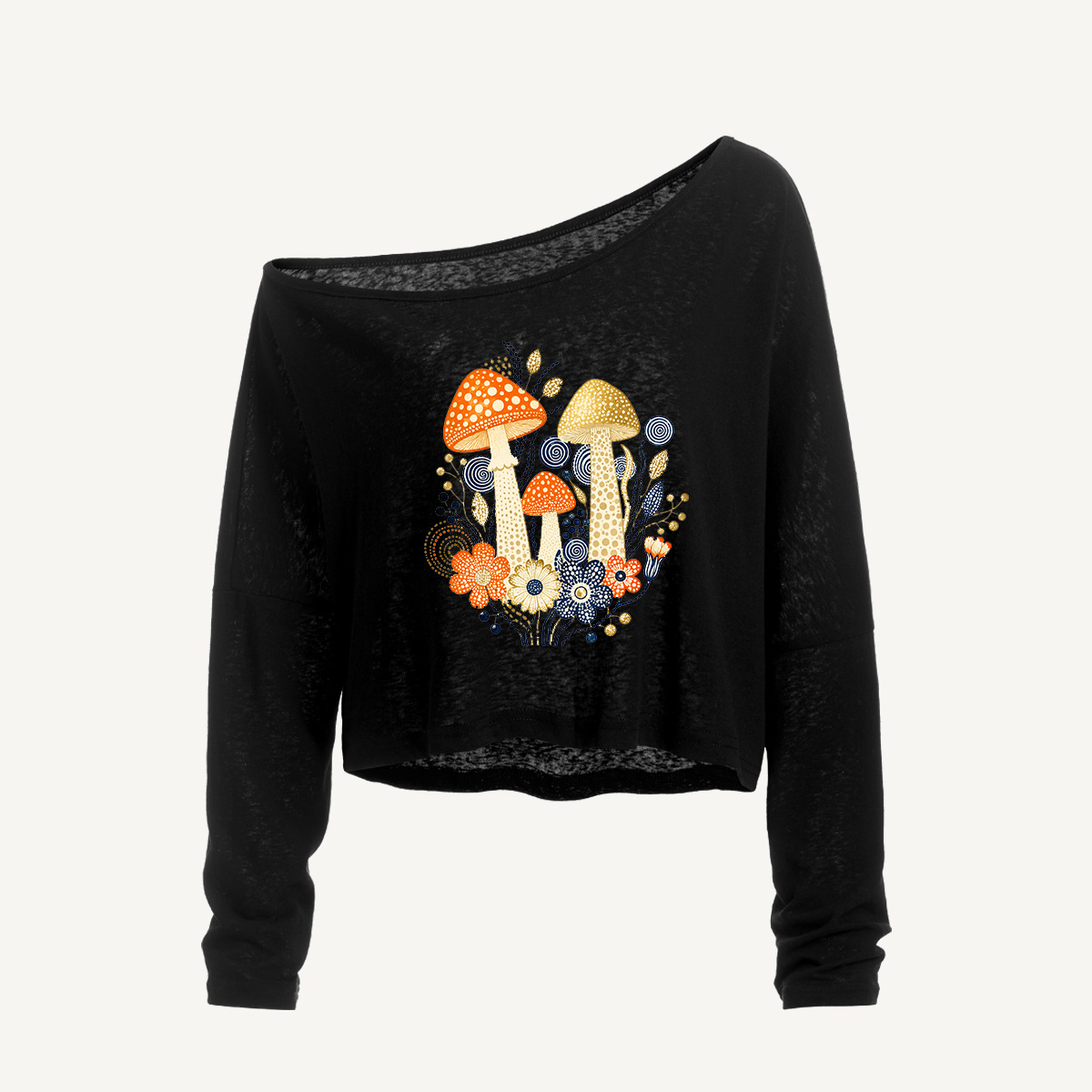 Retro Mushroom Botanical Cluster Long Sleeve Off Shoulder T-shirt