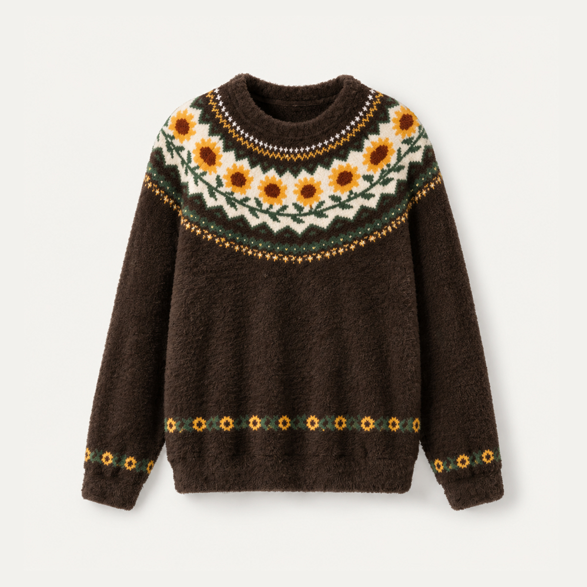 Rustic Sunflower Floral Fuzzy Crewneck Sweater