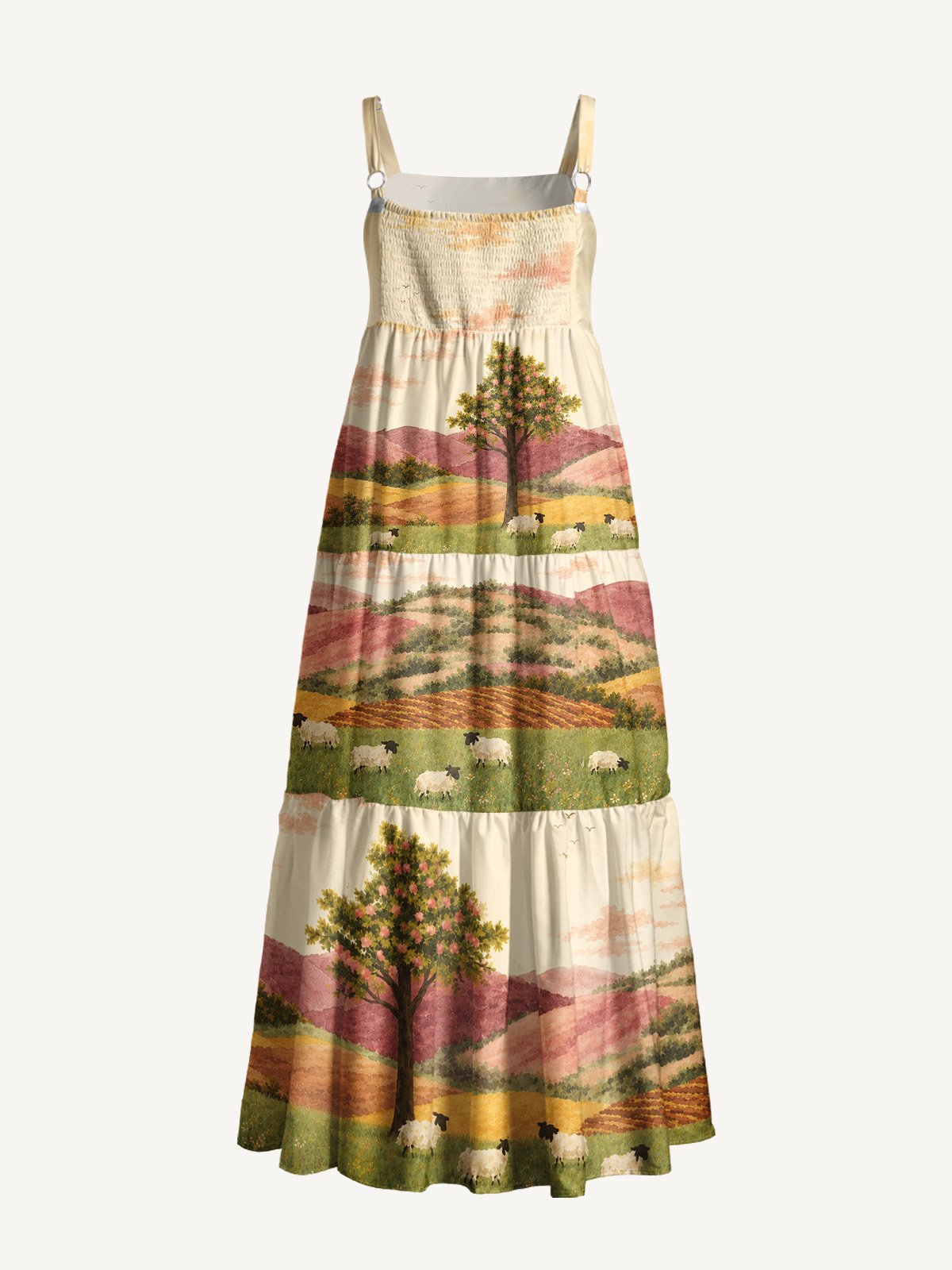Cottagecore Pastel Hills Print Wide Straps Maxi Dress With Pockets