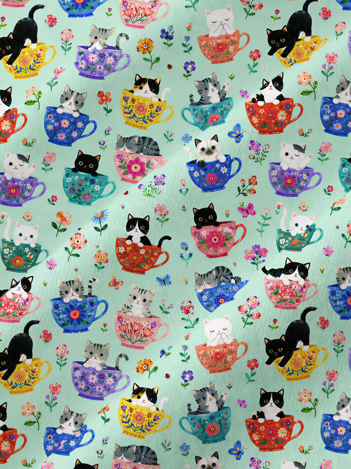 Cute Teacup Kitten All-Over Print Cotton Raglan Long Sleeve Top