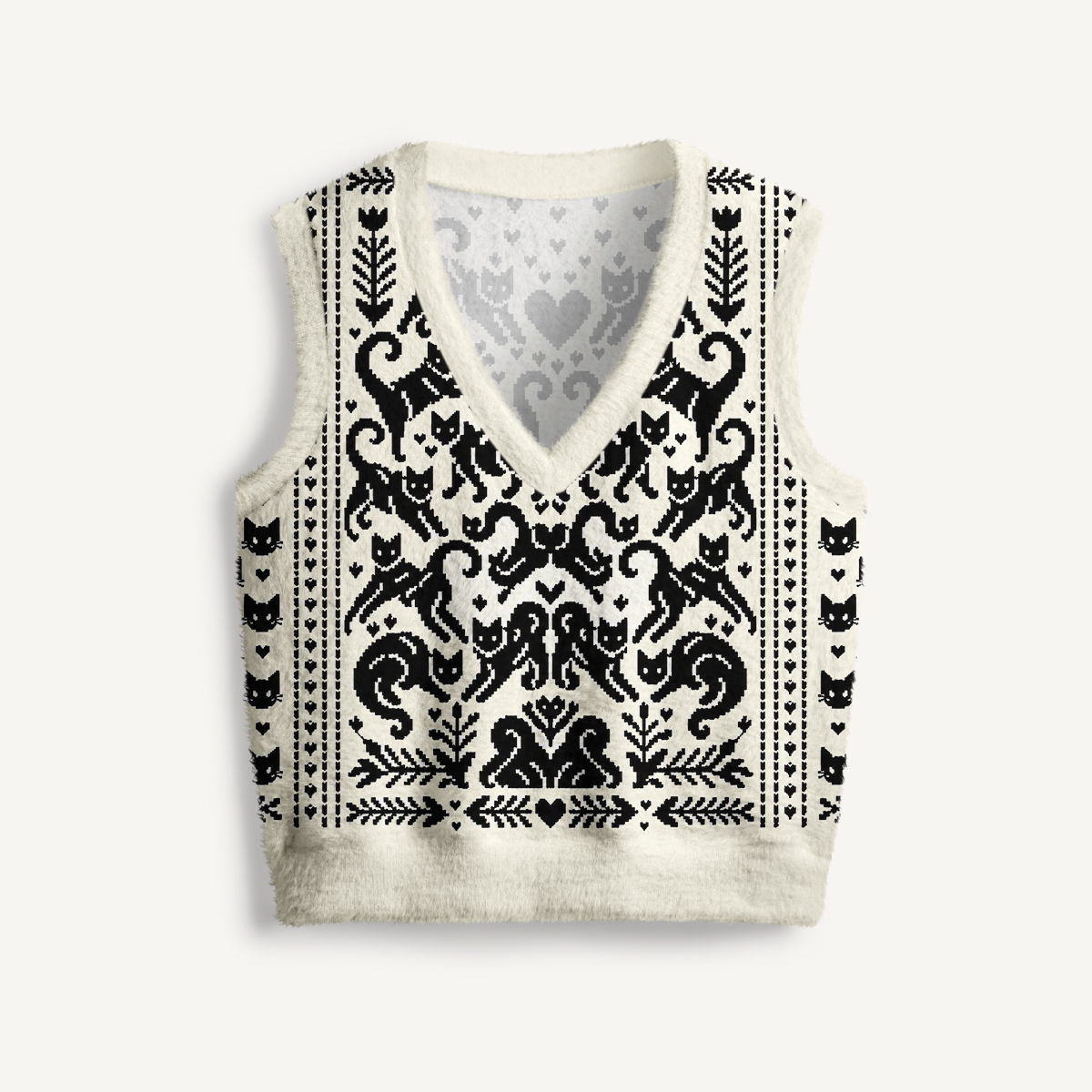 Black Cat Folk Hearts Print V-Neck Sweater Vest