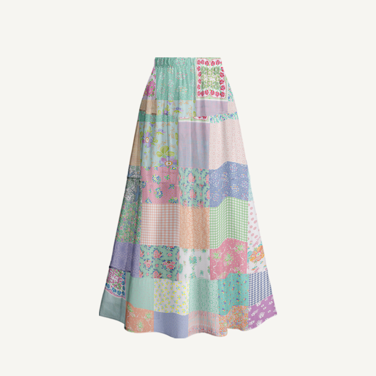 Vintage Quilt Patchwork Ruffled V Neck One Piece Swimsuit and Matching Midi Skirt Set
