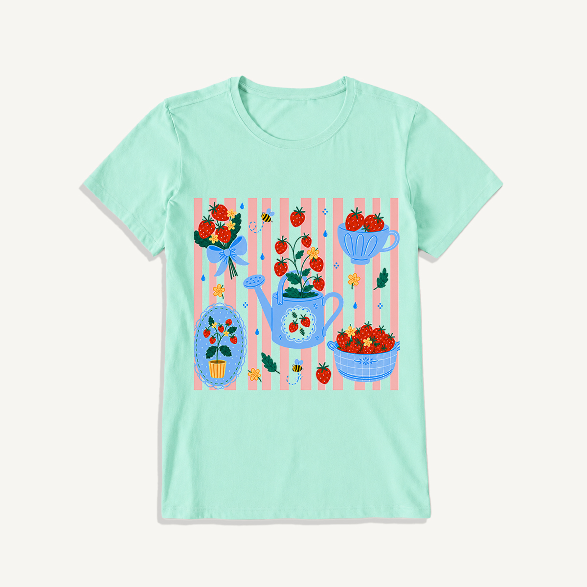 Strawberry Garden Harvest Print Crew Neck Cotton Tee