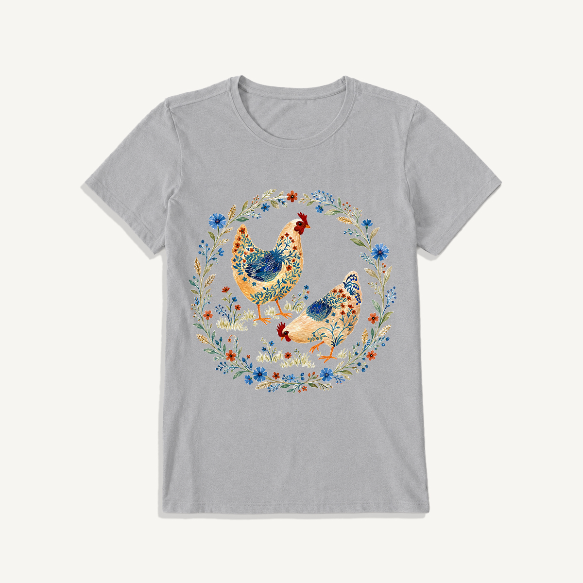 Blue Floral Hens Garden Print Crew Neck Cotton Tee