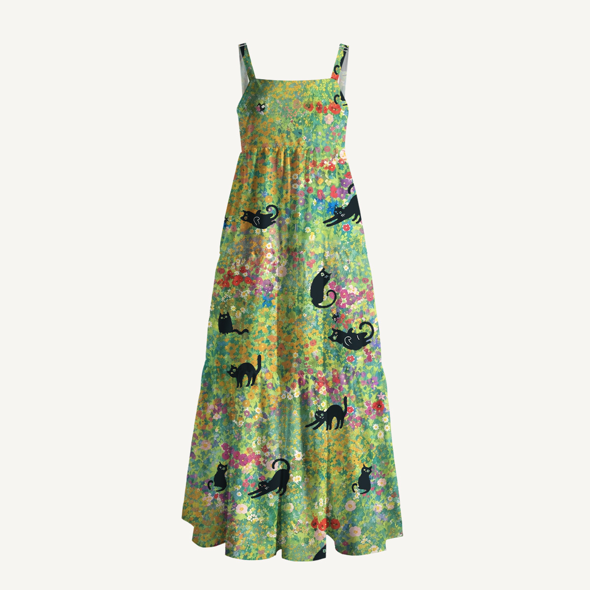 Square Neck Wildflower Garden Black Cat Print Slip Dress