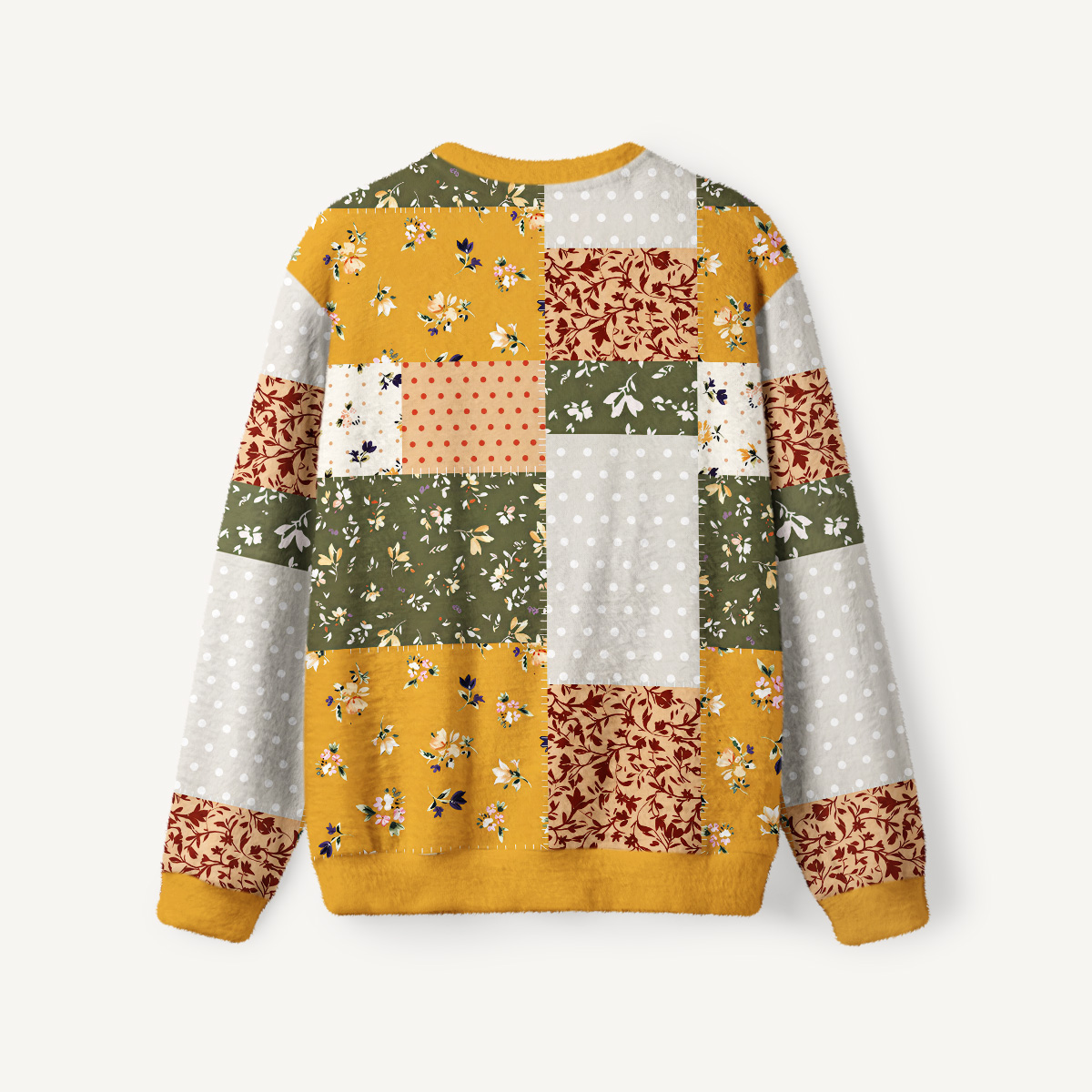 Rustic Floral Patchwork Fuzzy Crewneck Sweater