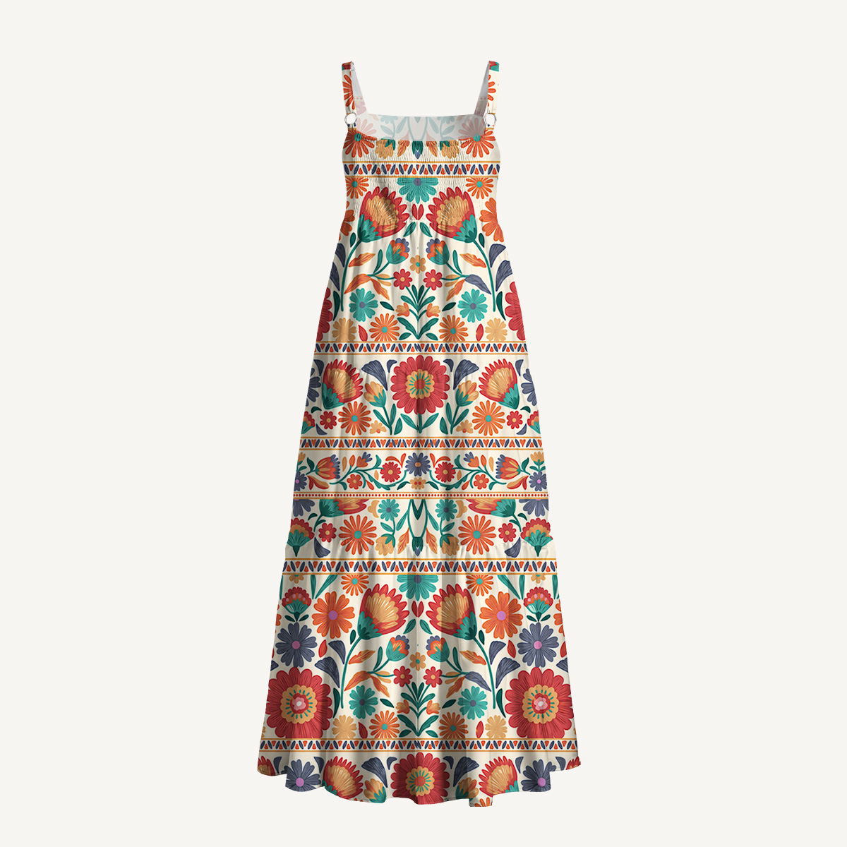 Square Neck Bohemian Folk Floral Stripe Print Slip Dress