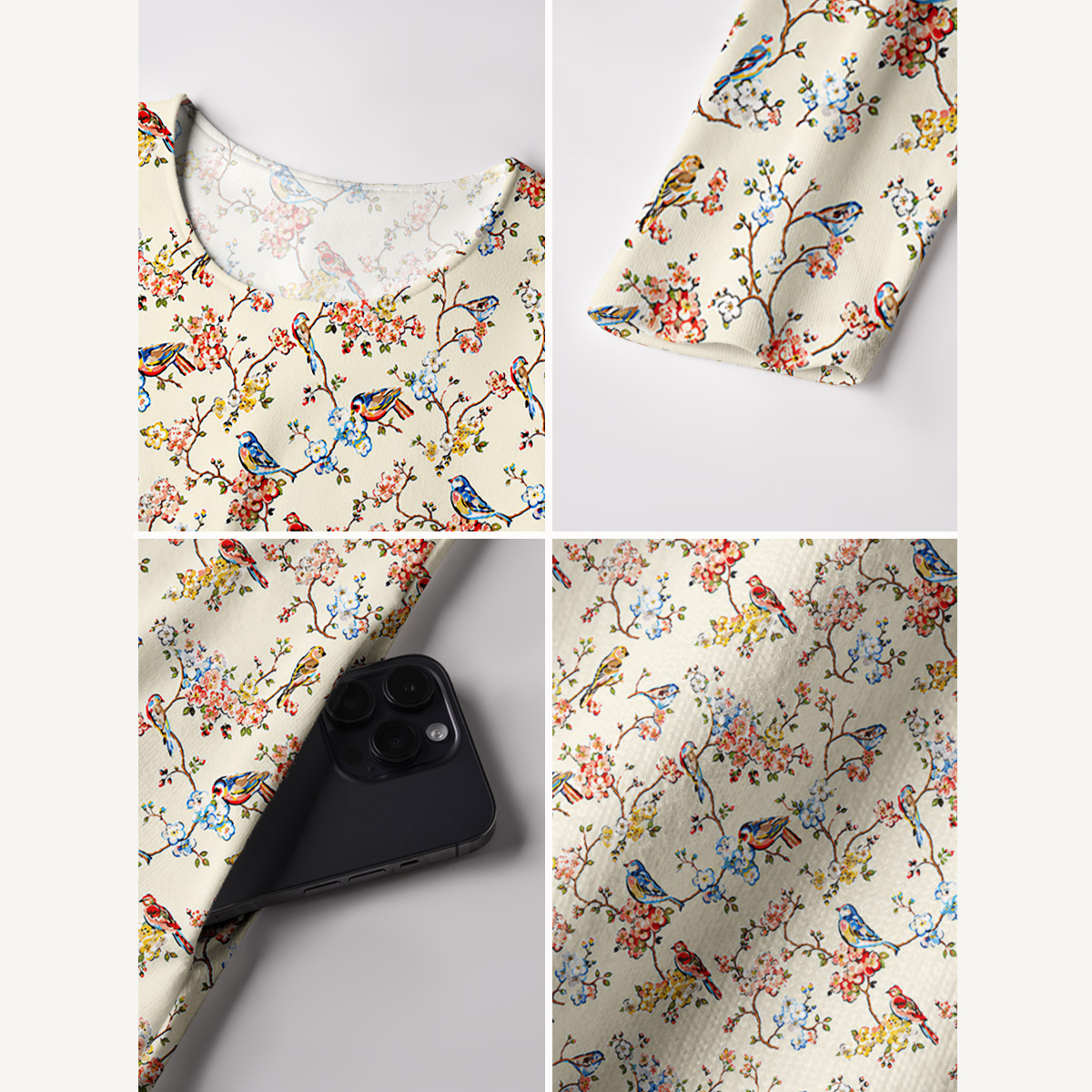 Vintage Floral Songbirds Print Soft-Touch Stretch Knit Long Sleeve Maxi Dress with Pockets