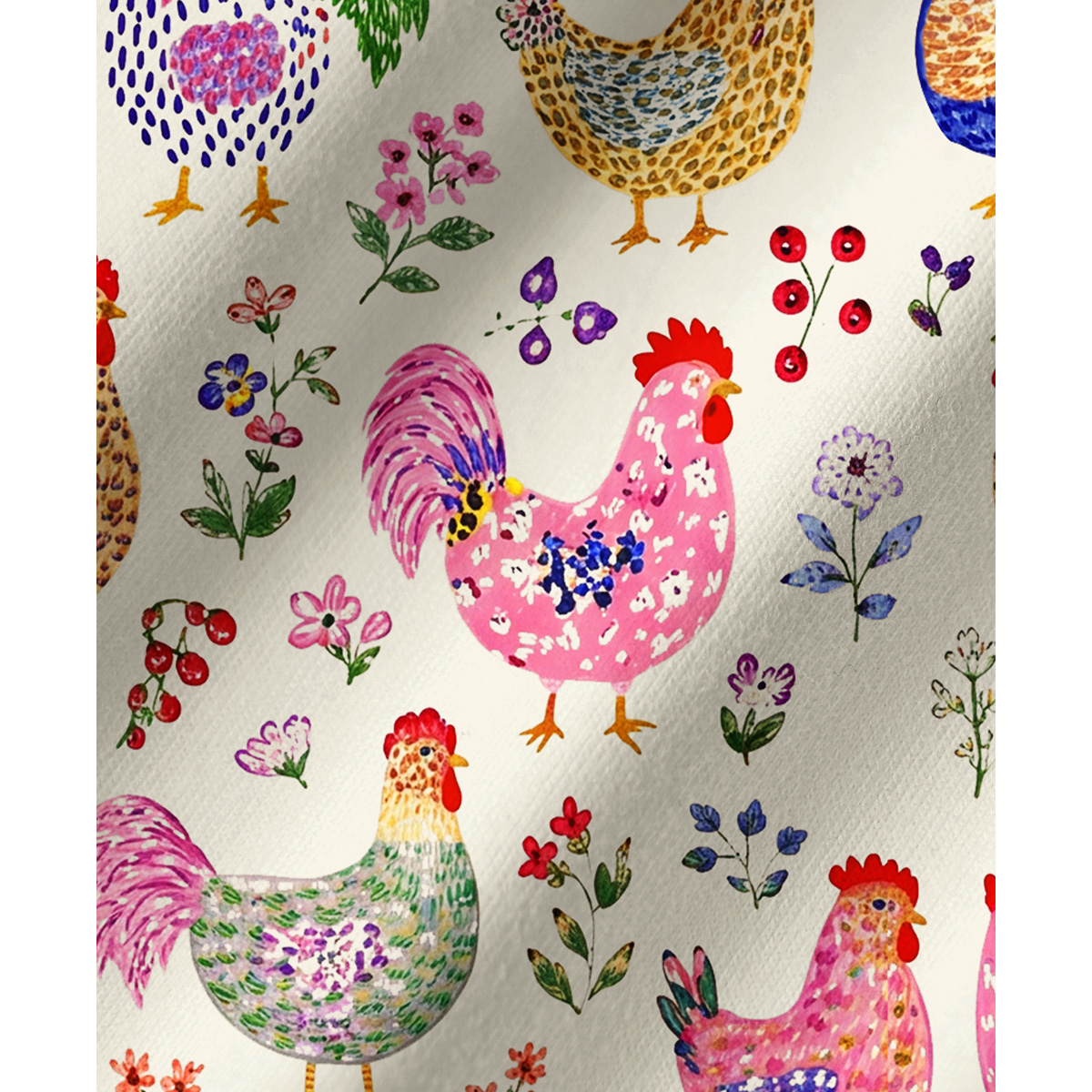Colorful Farm Chickens Print Long Pajama Set 