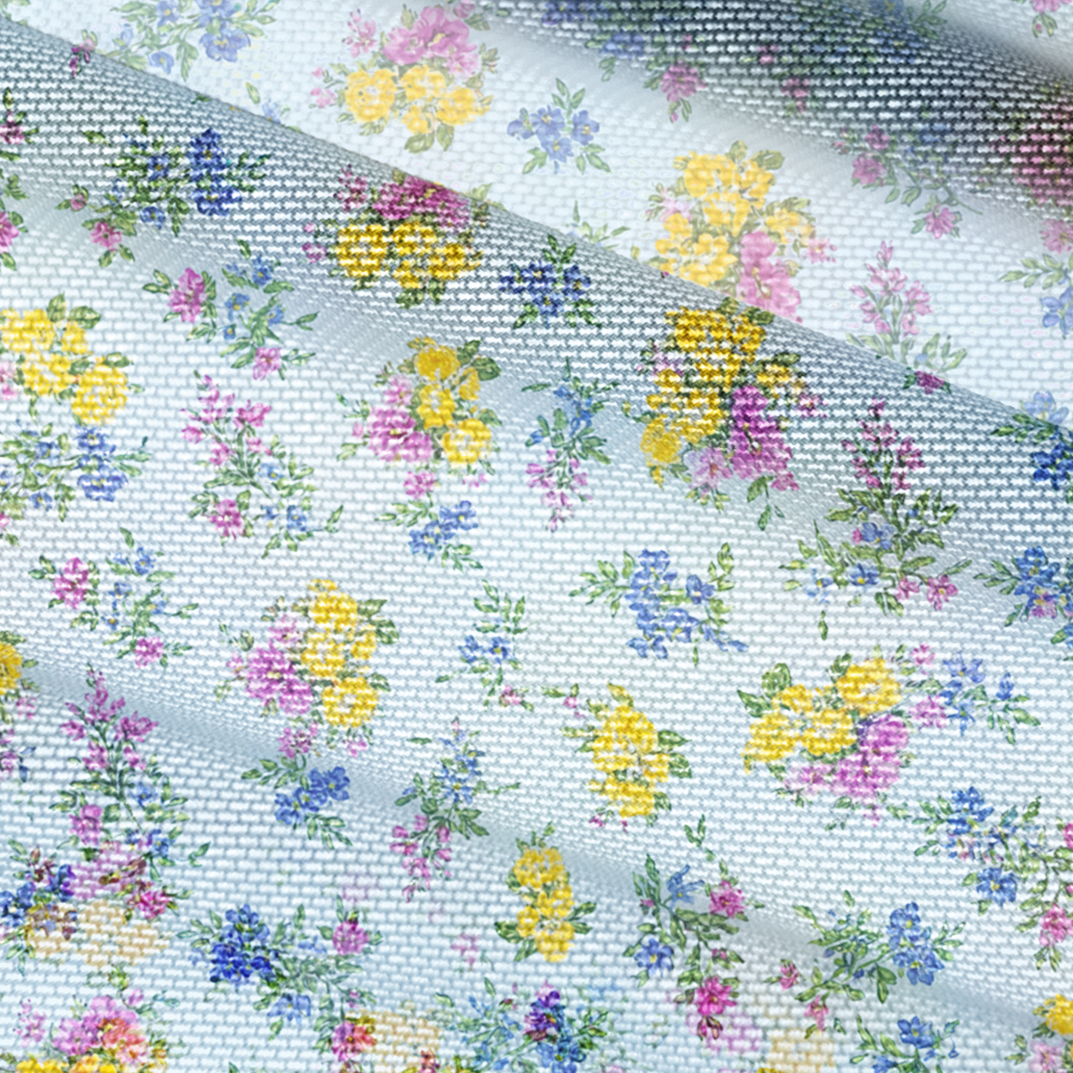 V-Neck Short Sleeve Blue Meadow Print Mesh Top