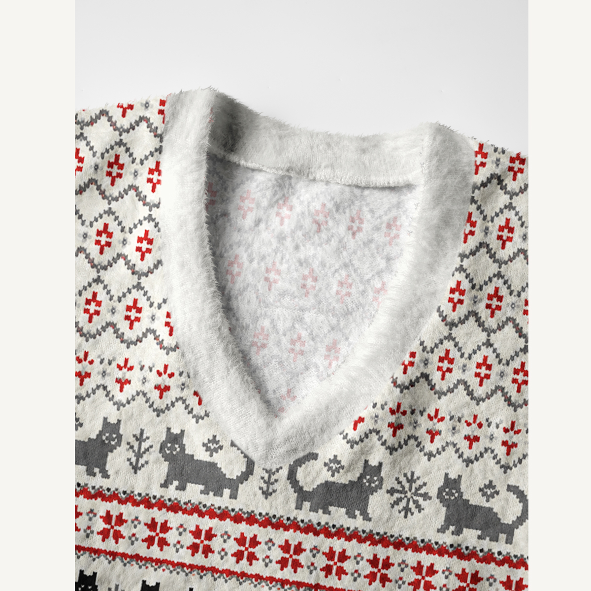 Nordic Fair Isle Cats Print V-Neck Sweater Vest