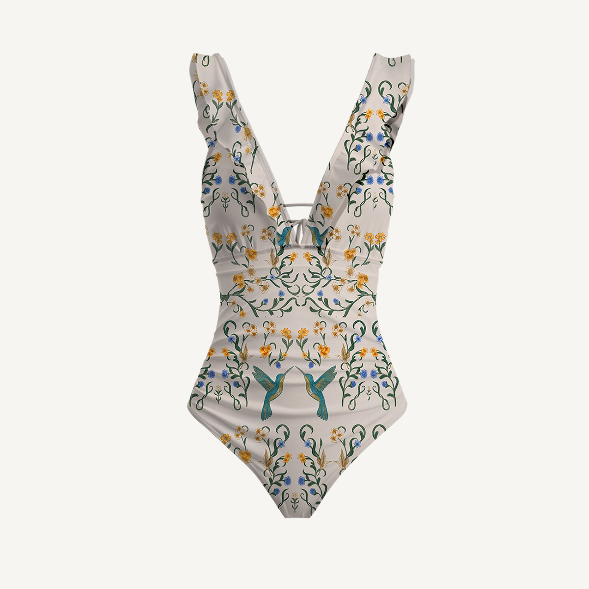 Whispering Hummingbird Ruffled V Neck One Piece Swimsuit and Matching Midi Skirt Set