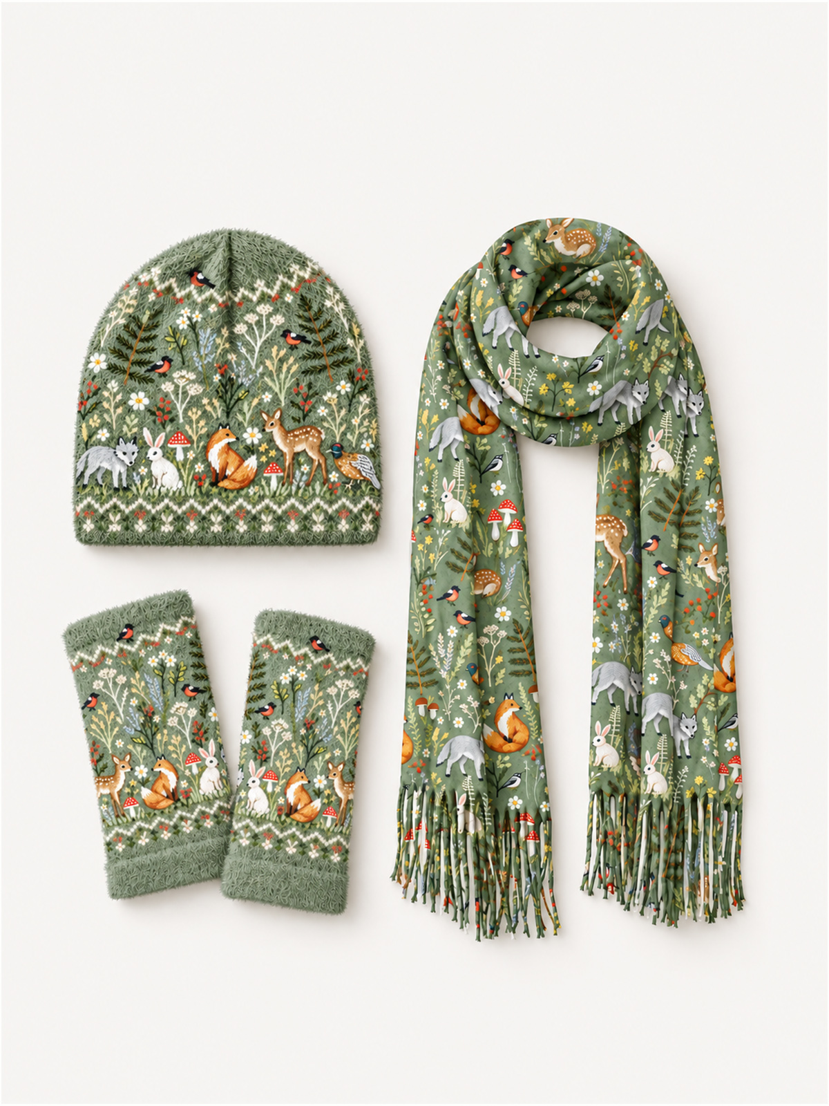 Whimsical Woodland Animals Beanie Scarf & Fingerless Gloves Set