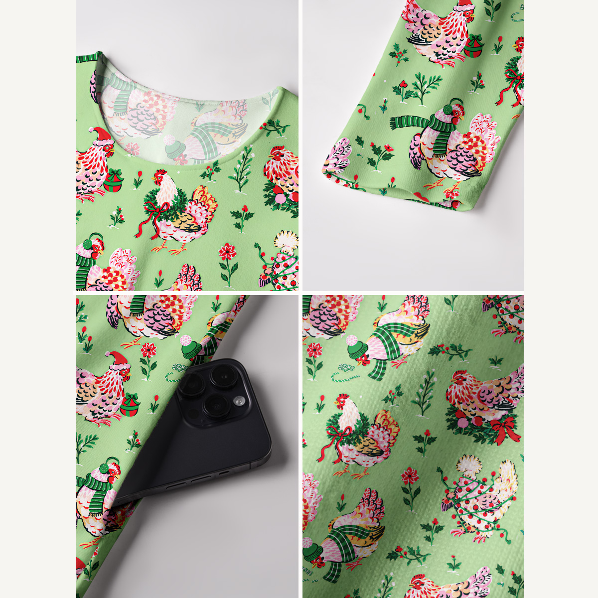 Christmas Chickens Holiday Garden Print Soft-Touch Stretch Knit Long Sleeve Maxi Dress with Pockets