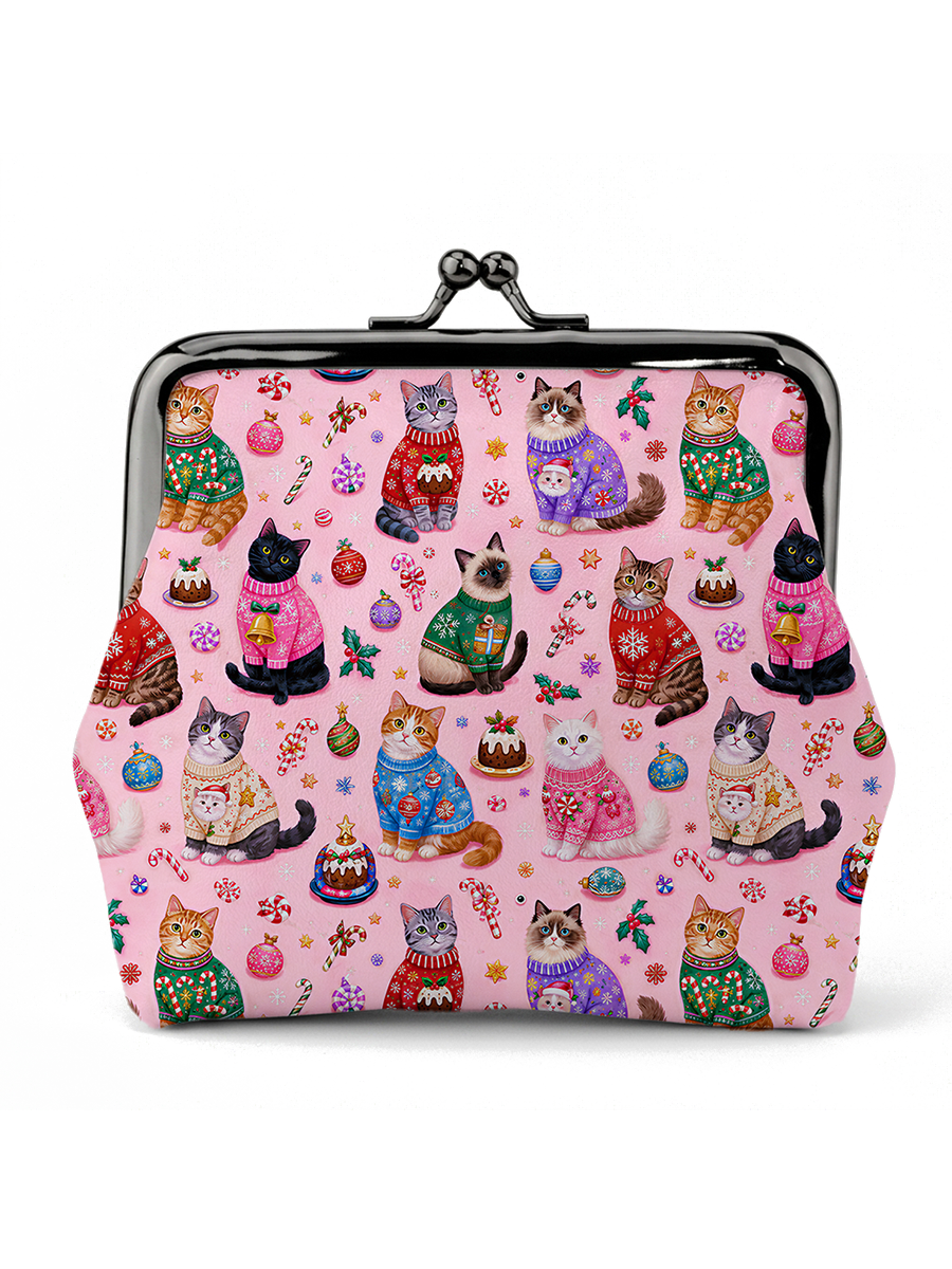 Christmas Cats Holiday Print Leather Mini Clasp Purse
