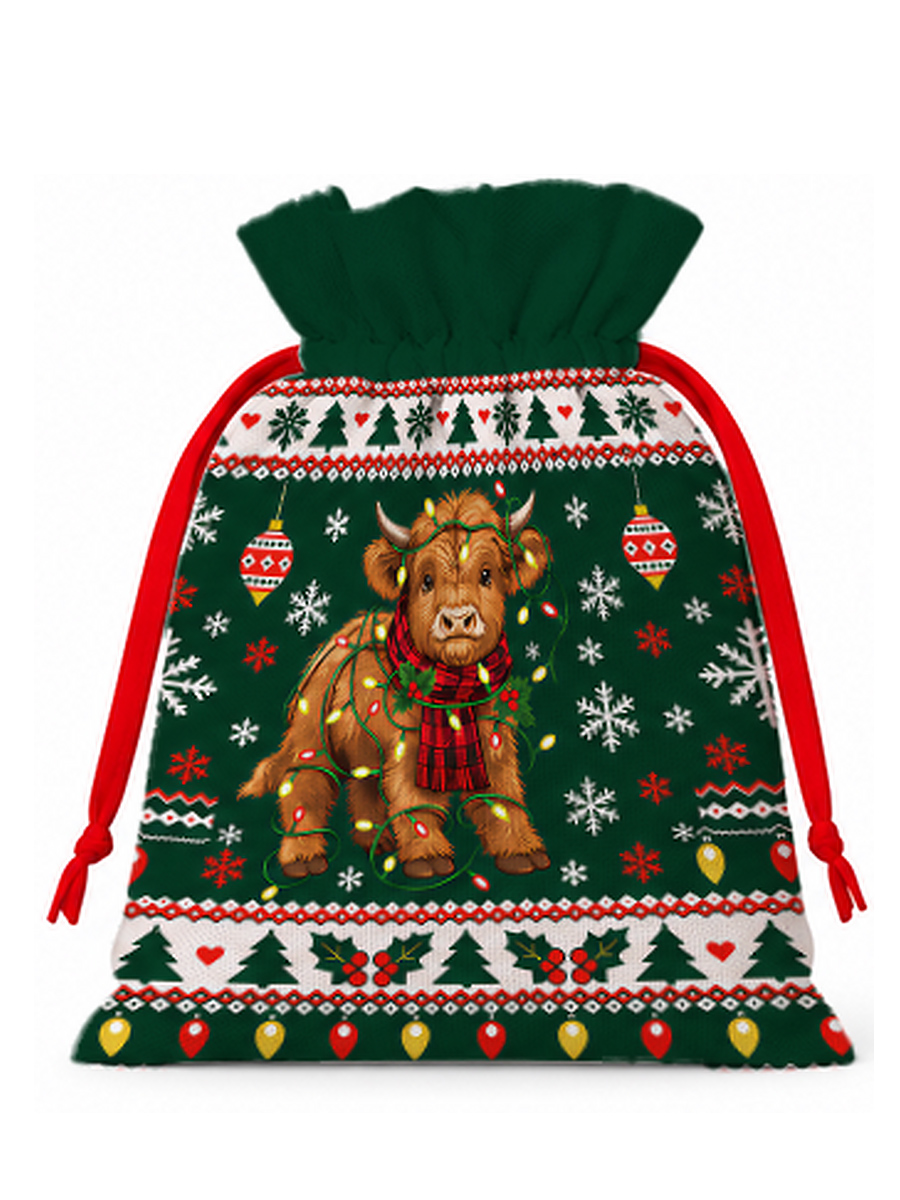 Christmas Cow Snowflake Reusable Drawstring Gift Bag
