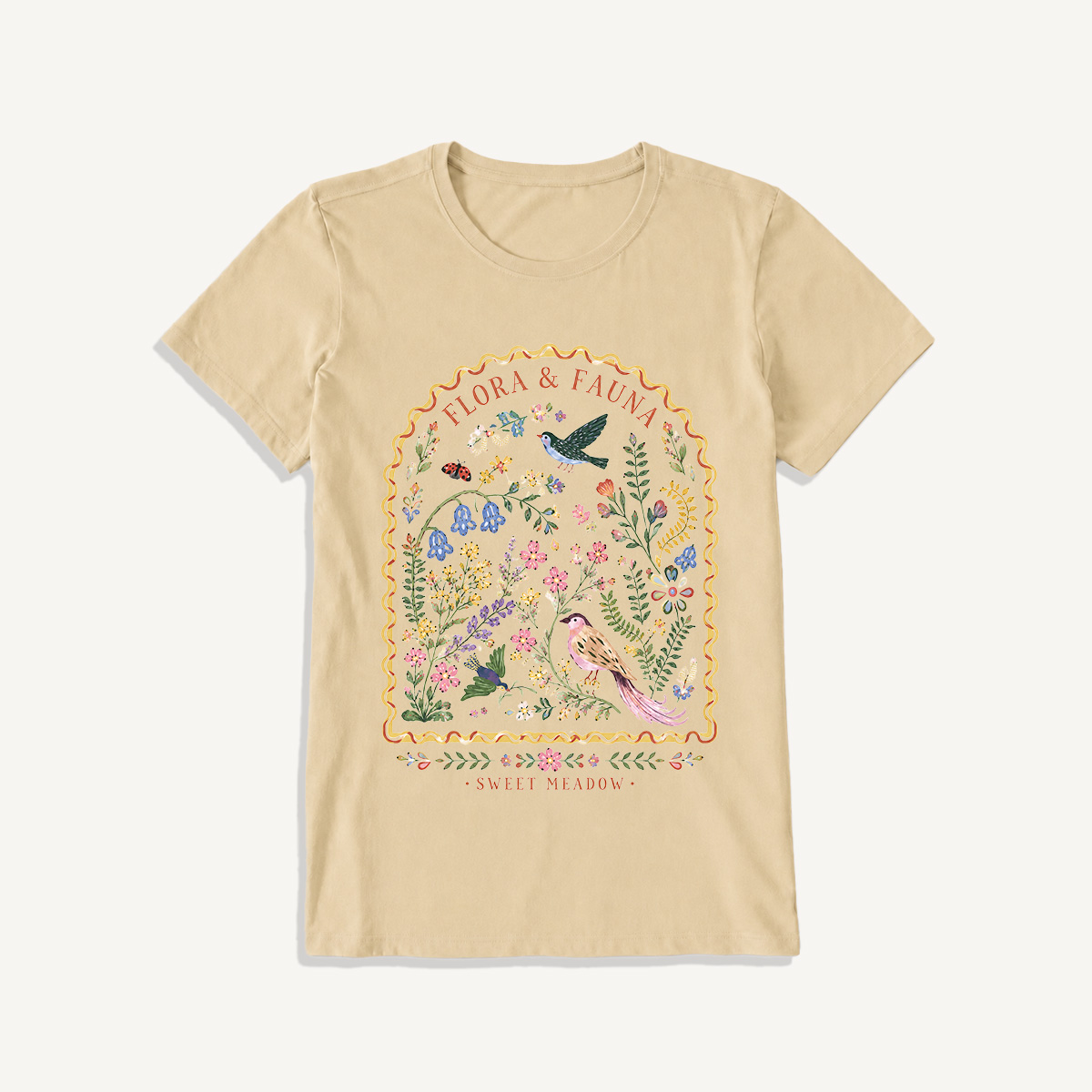 Folk Birds Sweet Meadow Print Crew Neck Cotton Tee