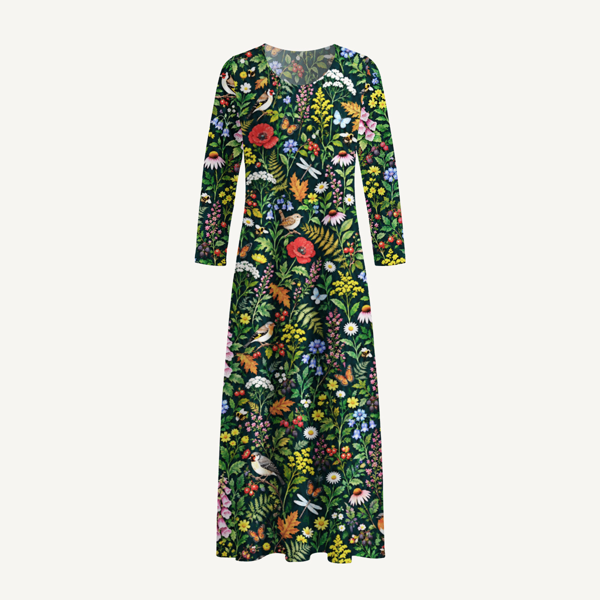 Cottagecore Songbirds & Wildflowers Print Soft-Touch Stretch Knit Long Sleeve Maxi Dress with Pockets