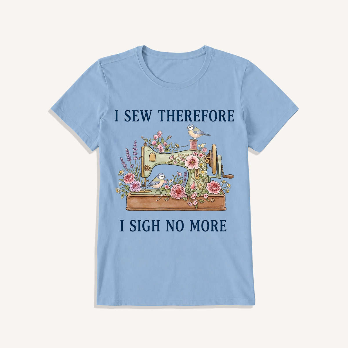 Floral Bird Sewing Serenity Print Crew Neck Cotton Tee