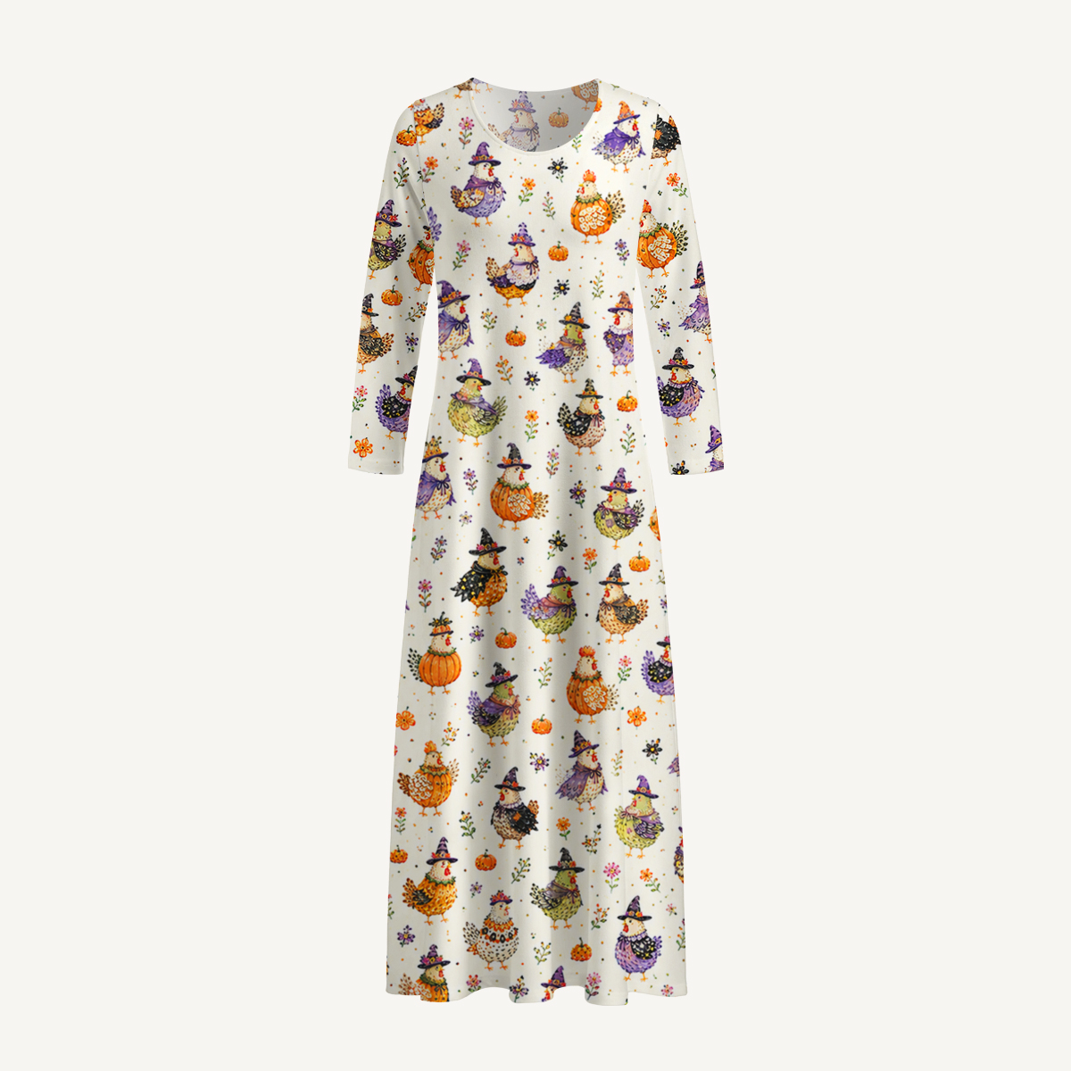 Cute Whimsical Chicken Colorful Print Soft-Touch Stretch Knit Long Sleeve Maxi Dress with Pockets