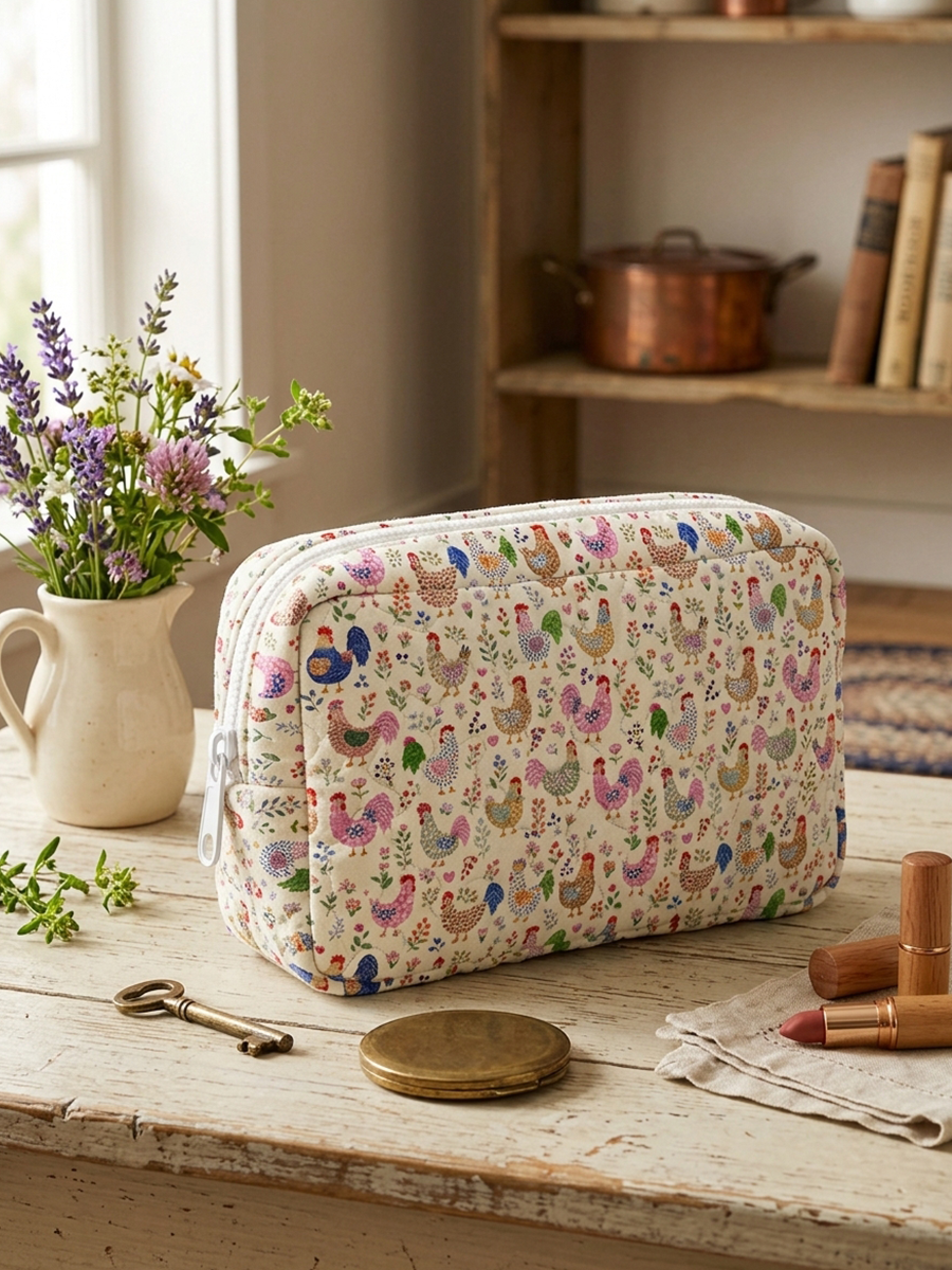 Colorful Farm Chickens Print Cloud Quilted Cosmetic Pouch