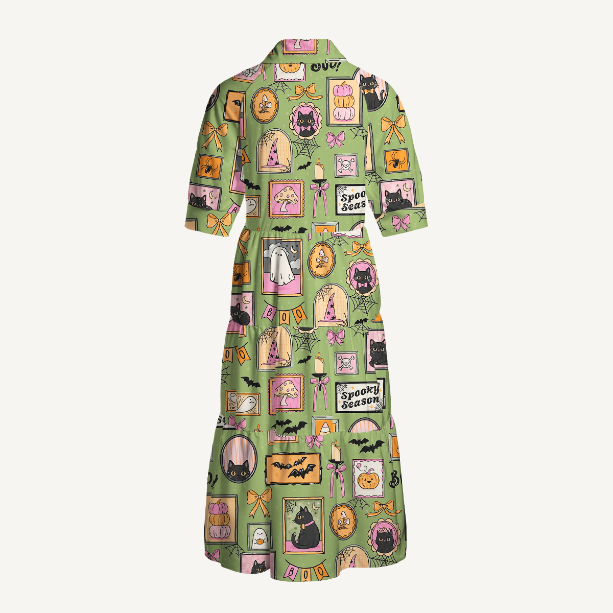V Neck Spooky Cottage Cats & Halloween Print Casual Midi Dress With Pockets