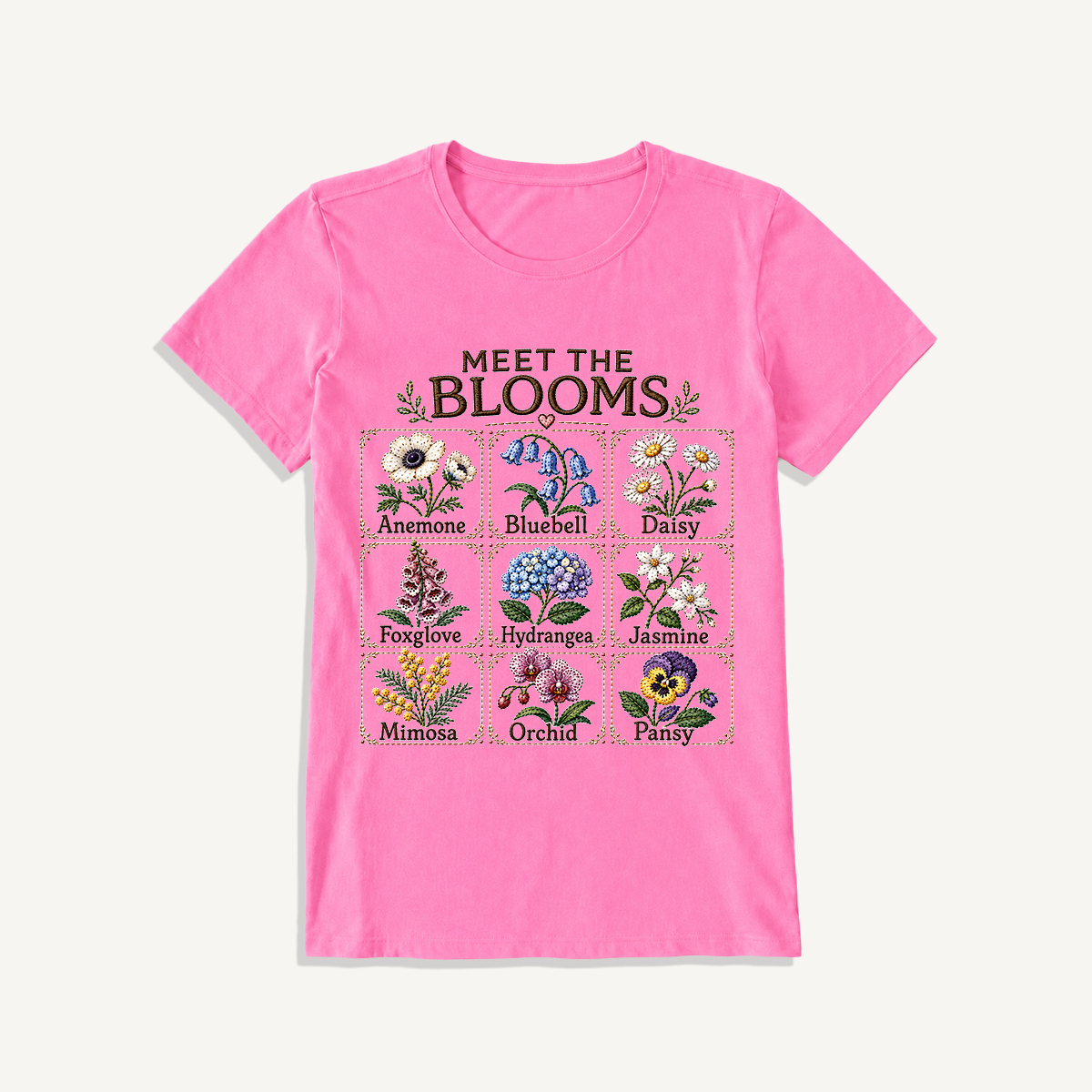 Meet the Blooms Embroidery Chart Print Crew Neck Cotton Tee