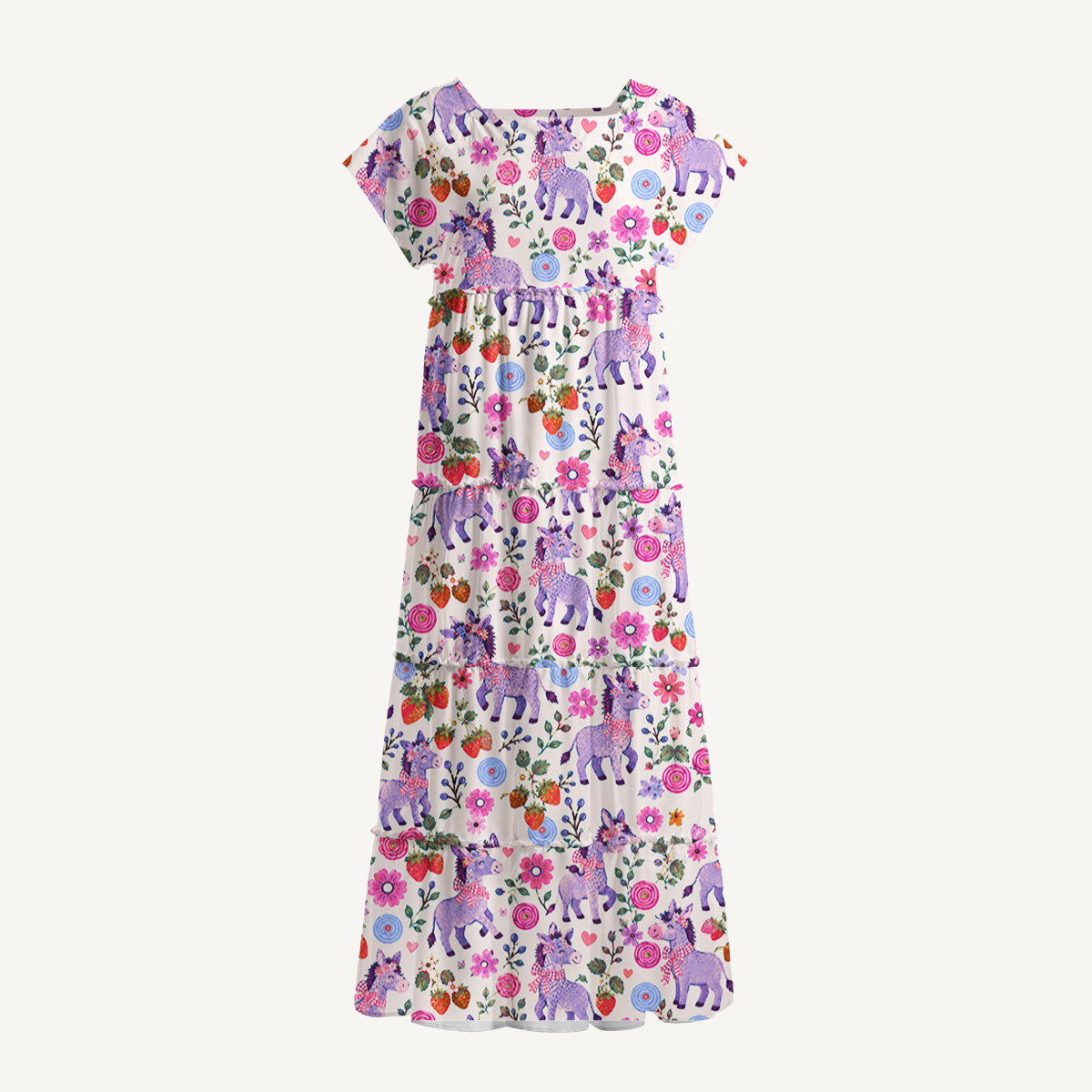 Strawberry Blossom Donkeys Square Neckline Cap Sleeve Maxi Dress