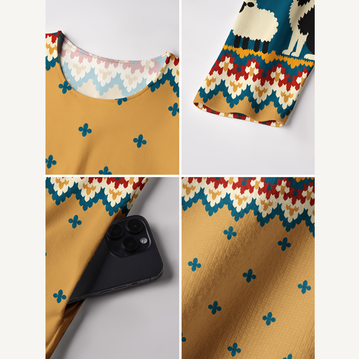 Pastoral Sheep & Sheepdog Print Soft-Touch Stretch Knit Long Sleeve Maxi Dress with Pockets