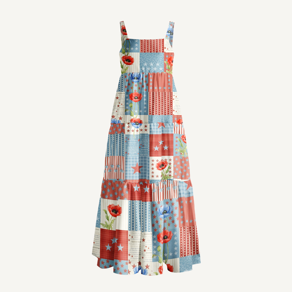 Vintage Patriotic Patchwork Print Quilt Wide Straps Maxi Dress With Pockets