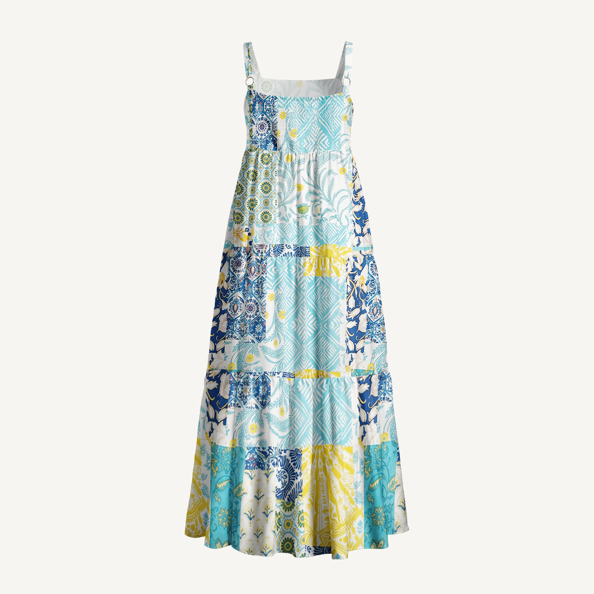 Boho Tile Patchwork Print Wide Straps Maxi Dress With Pockets
