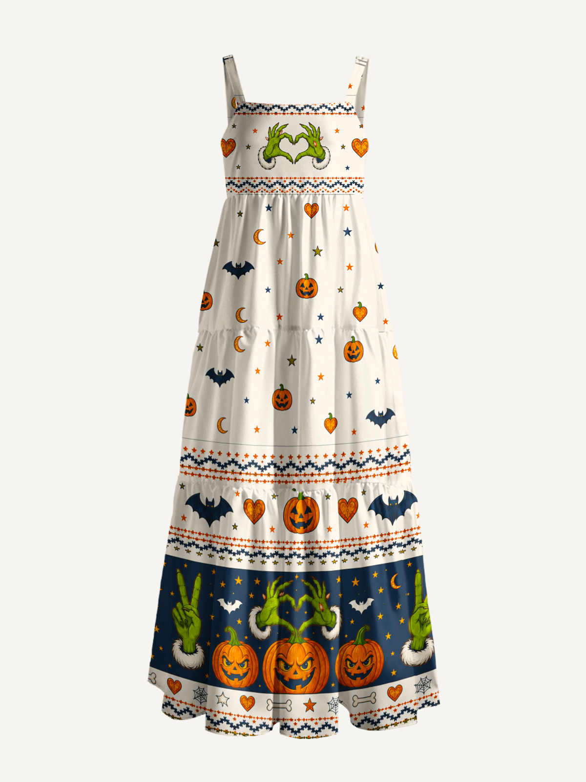 Playful Pumpkin Magic Hands Print Wide Straps Maxi Dress With Pockets