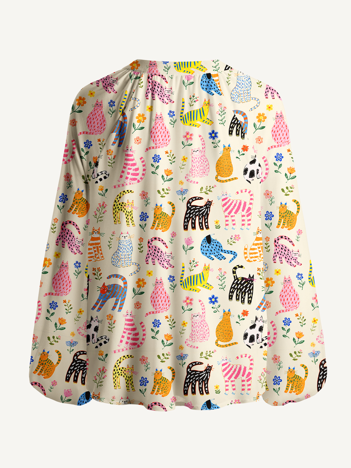 Colorful Whimsical Garden Cats Pattern Print Boho Long Sleeve Tie‑Neck Blouse