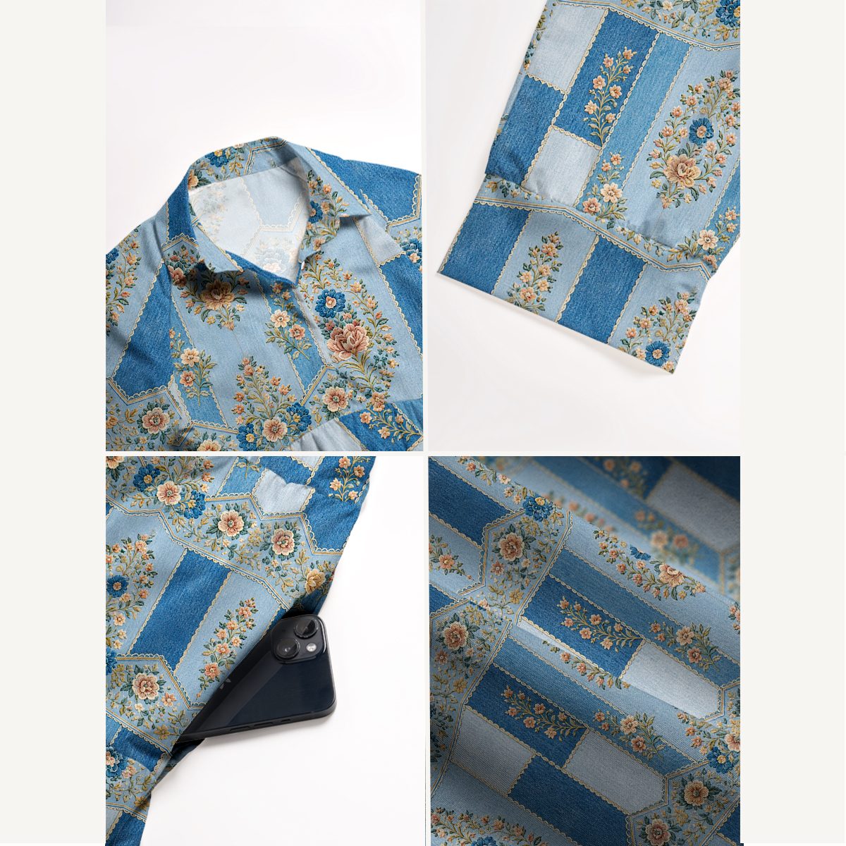 V Neck Collared Vintage Blue Tapestry Floral Stripe  Print Casual Midi Dress With Pockets