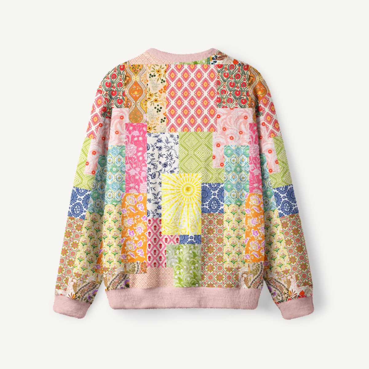 Colorful Bohemian Patchwork Fuzzy Crewneck Sweater